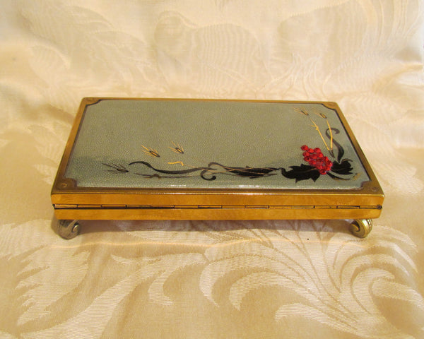 Evans Guilloche Cigarette Box And Lighter Smoking Set Grey Enamel Red Rhinestone Working Lighter