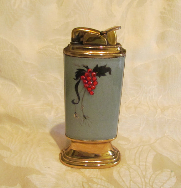 Evans Guilloche Cigarette Box And Lighter Smoking Set Grey Enamel Red Rhinestone Working Lighter