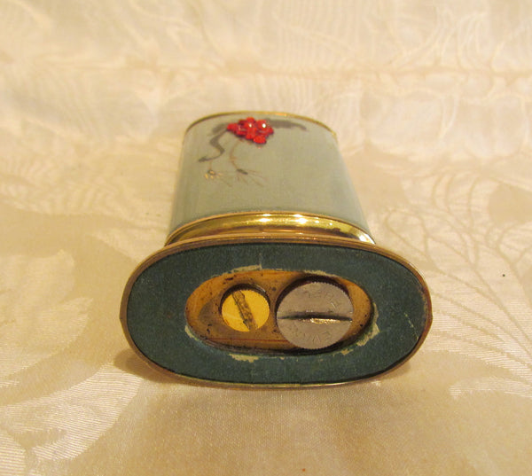 Evans Guilloche Cigarette Box And Lighter Smoking Set Grey Enamel Red Rhinestone Working Lighter
