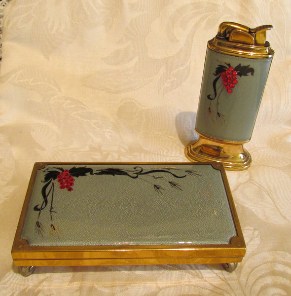 Evans Guilloche Cigarette Box And Lighter Smoking Set Grey Enamel Red Rhinestone Working Lighter
