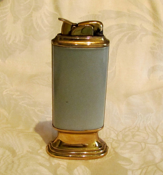 Evans Guilloche Cigarette Box And Lighter Smoking Set Grey Enamel Red Rhinestone Working Lighter