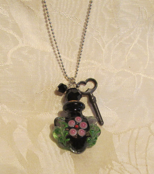 Key To Her Heart Perfume Bottle Necklace OOAK Handmade Silver Plate Blue Lampwork Pendant
