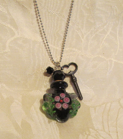 Key To Her Heart Perfume Bottle Necklace OOAK Handmade Silver Plate Blue Lampwork Pendant