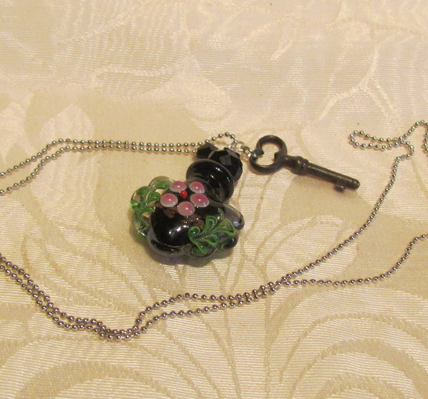 Key To Her Heart Perfume Bottle Necklace OOAK Handmade Silver Plate Blue Lampwork Pendant