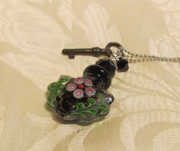 Key To Her Heart Perfume Bottle Necklace OOAK Handmade Silver Plate Blue Lampwork Pendant