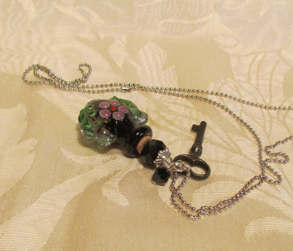 Key To Her Heart Perfume Bottle Necklace OOAK Handmade Silver Plate Blue Lampwork Pendant