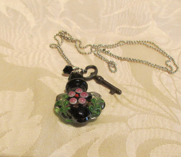 Key To Her Heart Perfume Bottle Necklace OOAK Handmade Silver Plate Blue Lampwork Pendant