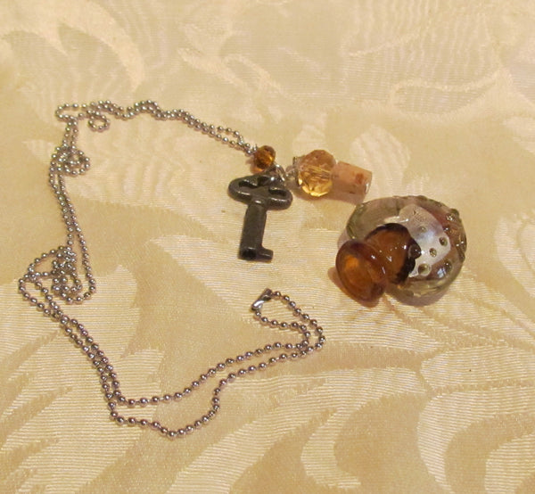 Heart & Key Bottle Necklace Murano Silver Amber Lampwork Pendant Bottle