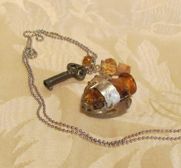 Heart & Key Bottle Necklace Murano Silver Amber Lampwork Pendant Bottle