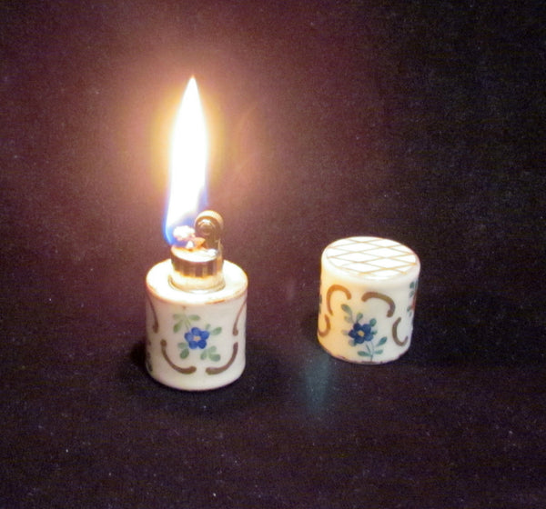 France Porcelain Lighter Vintage Ceramic Table Top Lighter Hand Painted Floral Working