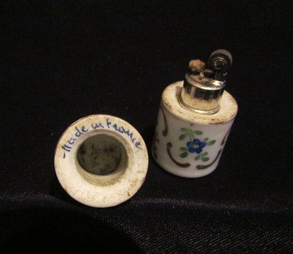 France Porcelain Lighter Vintage Ceramic Table Top Lighter Hand Painted Floral Working
