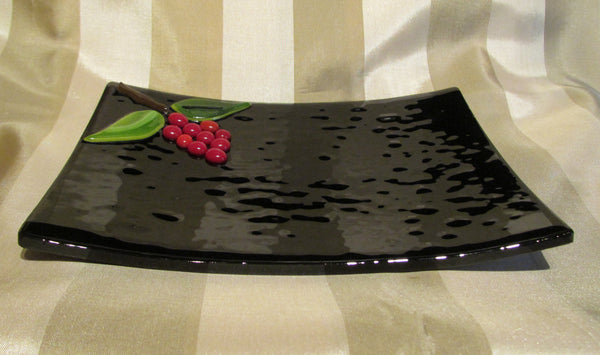 Handmade Black Glass And Red Berry Decorative Plate Serving Dish