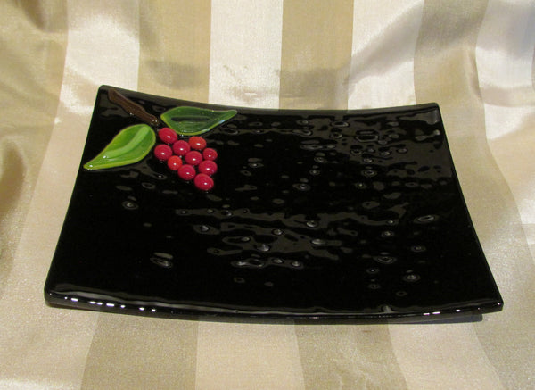 Handmade Black Glass And Red Berry Decorative Plate Serving Dish