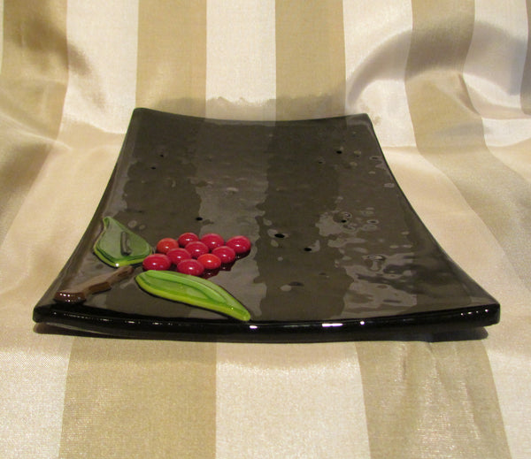 Handmade Black Glass And Red Berry Decorative Plate Serving Dish