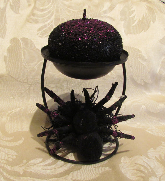 Black Spider Candle Holder Purple Sparkles Halloween Decoration