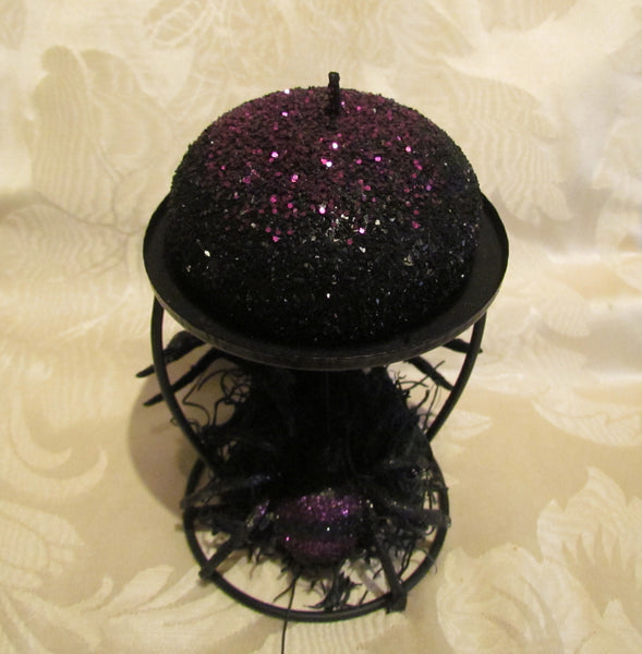 Black Spider Candle Holder Purple Sparkles Halloween Decoration