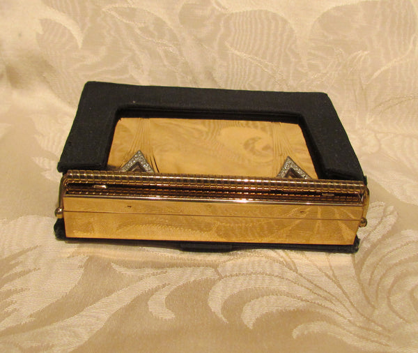 Volupte Compact Purse Art Deco Rhinestone Gold And Moire Unused