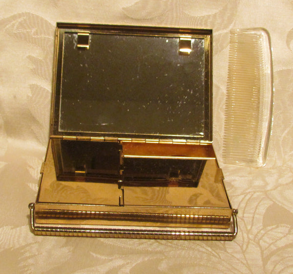 Volupte Compact Purse Art Deco Rhinestone Gold And Moire Unused