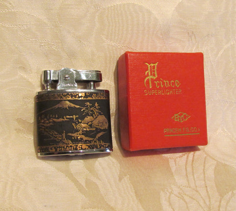 24Kt Gold Asian Lighter Working Prince SuperLighter Mt Fugi Unused In Original Box