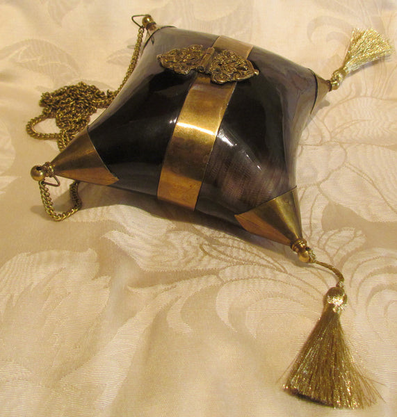 Black Bone Pillow Purse Vintage 1930s Formal Shell Brass Evening Bag