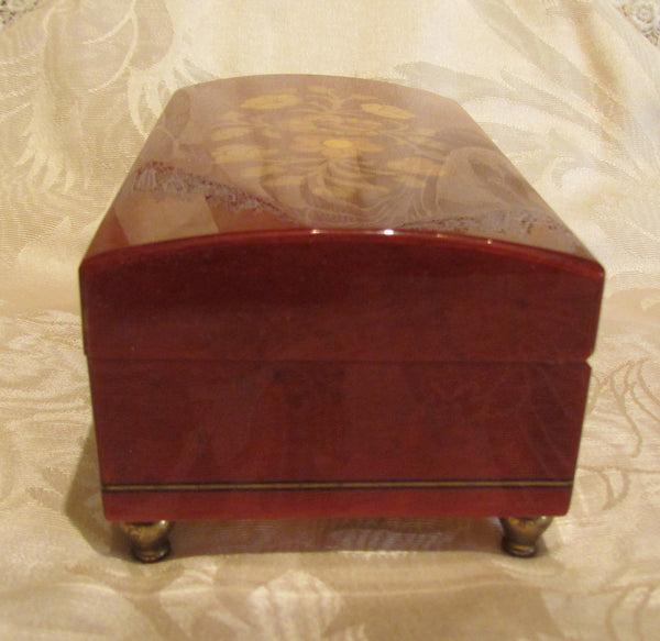 Reuge Music Box Italian Inlaid Burl Wood Swiss Movement Ring Jewelry Box