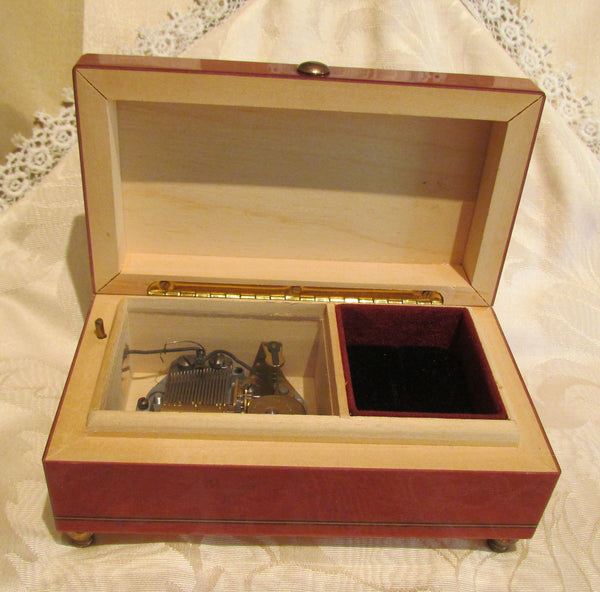 Reuge Music Box Italian Inlaid Burl Wood Swiss Movement Ring Jewelry Box