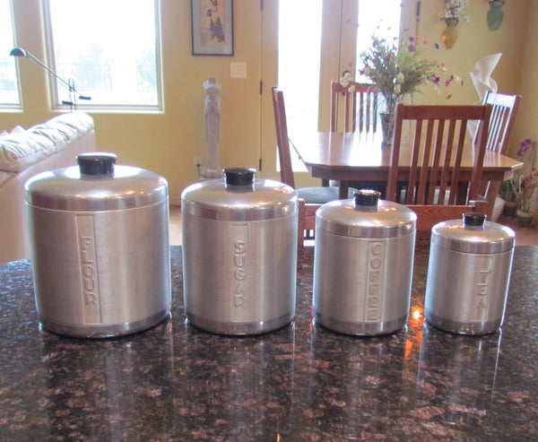 1950s Aluminum Canister Set Mid Century Kitchen Storage Containers Flour, Sugar, Coffee, Tea