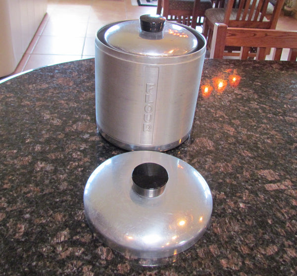 1950s Aluminum Canister Set Mid Century Kitchen Storage Containers Flour, Sugar, Coffee, Tea