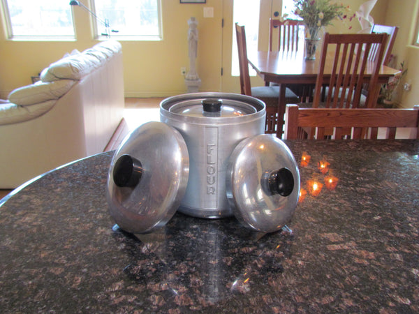 1950s Aluminum Canister Set Mid Century Kitchen Storage Containers Flour, Sugar, Coffee, Tea