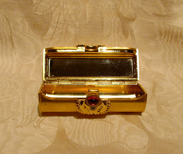 Gold Rhinestone Lipstick Case Vintage Mirror Lipstick Holder Unused