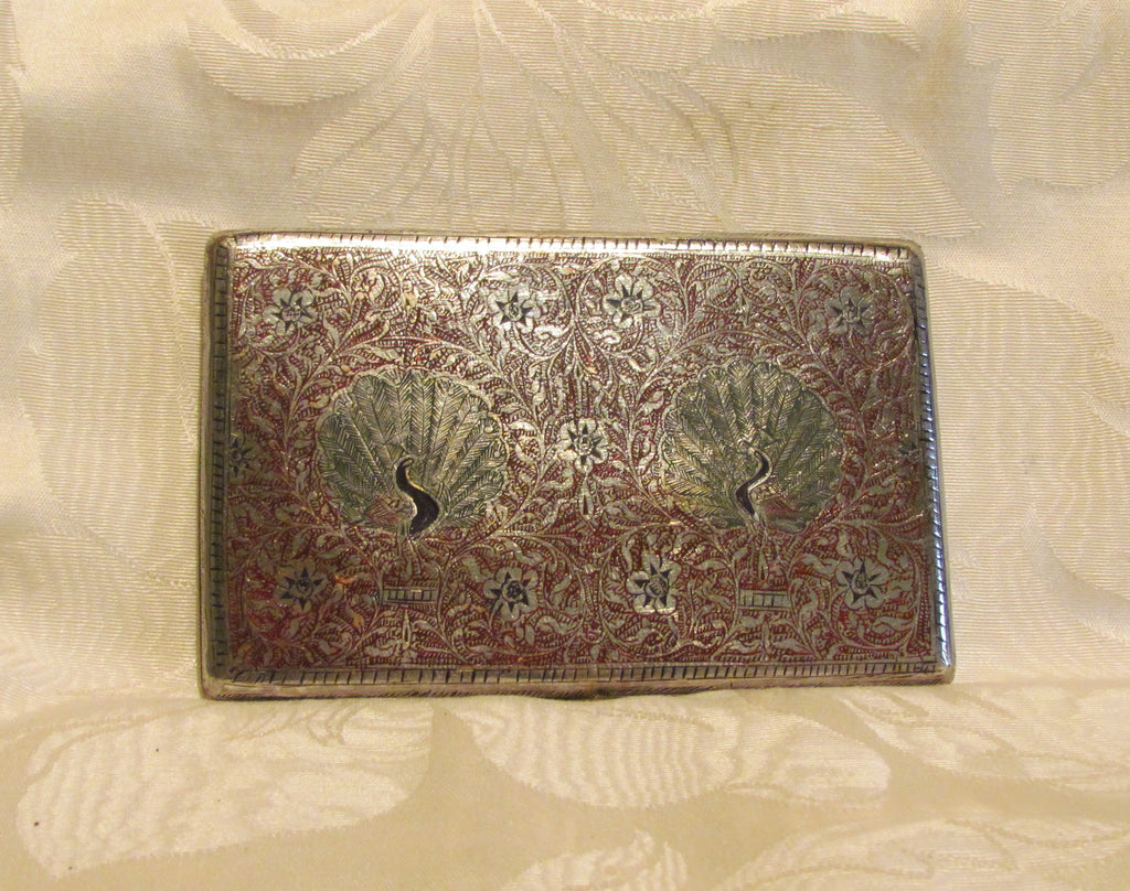 alpaca cigarette case Vintage Trench Art Peacock Silver Case 1940s Enamel Vintage Alpaca Silver Monogrammed Cigarette