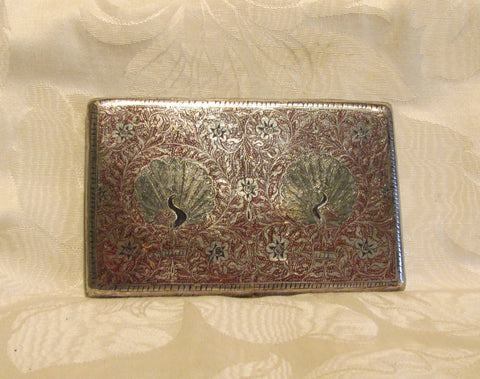 Trench Art Cigarette Case Peacock Alpaca Silver Case 1940s Enamel Business Card Holder