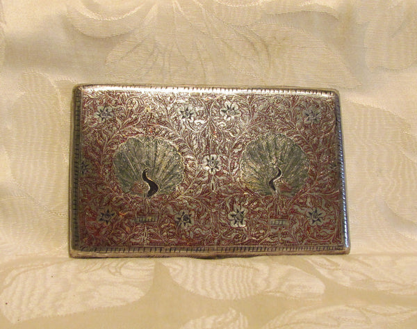 Trench Art Cigarette Case Peacock Alpaca Silver Case 1940s Enamel Business Card Holder