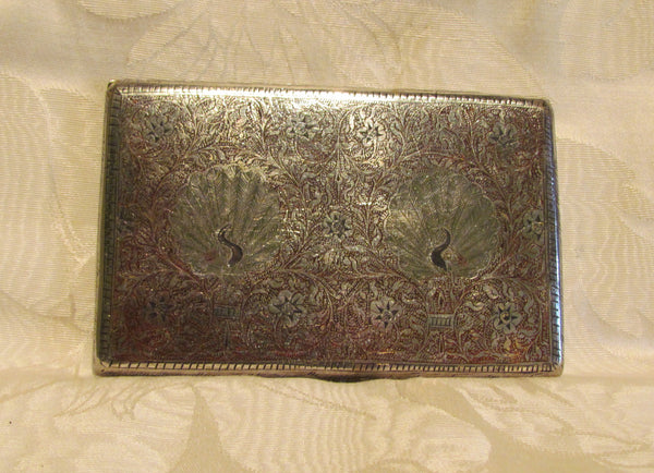 Trench Art Cigarette Case Peacock Alpaca Silver Case 1940s Enamel Business Card Holder