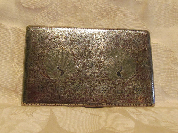 Trench Art Cigarette Case Peacock Alpaca Silver Case 1940s Enamel Business Card Holder