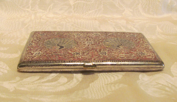 Trench Art Cigarette Case Peacock Alpaca Silver Case 1940s Enamel Business Card Holder