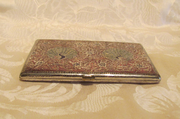 Trench Art Cigarette Case Peacock Alpaca Silver Case 1940s Enamel Business Card Holder