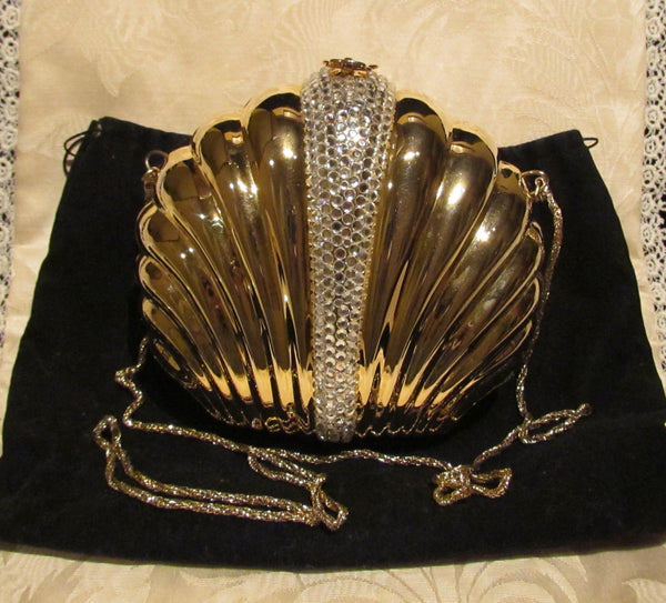 Rhinestone Gold Pillow Purse Clutch Or Shoulder Clam Shell Purse Bling Bag