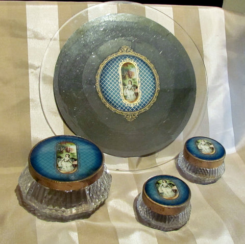 1930s Celluloid Vanity Set Mirror Tray Powder Jar Victorian Scene 4Pc Dresser Set