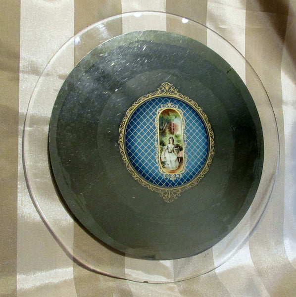 1930s Celluloid Vanity Set Mirror Tray Powder Jar Victorian Scene 4Pc Dresser Set