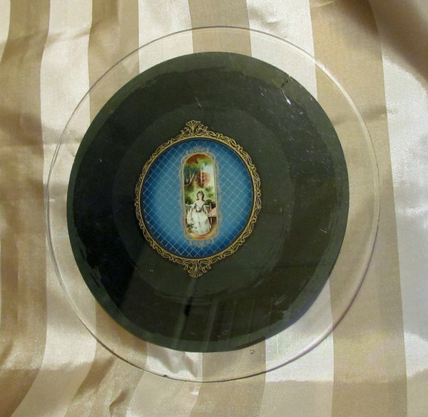 1930s Celluloid Vanity Set Mirror Tray Powder Jar Victorian Scene 4Pc Dresser Set