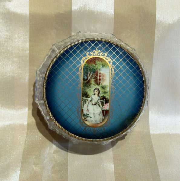 1930s Celluloid Vanity Set Mirror Tray Powder Jar Victorian Scene 4Pc Dresser Set