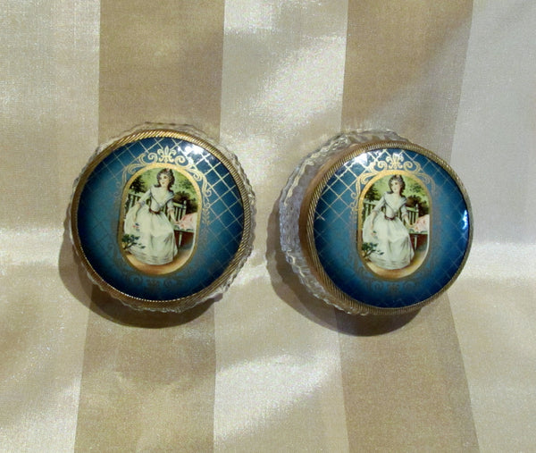 1930s Celluloid Vanity Set Mirror Tray Powder Jar Victorian Scene 4Pc Dresser Set