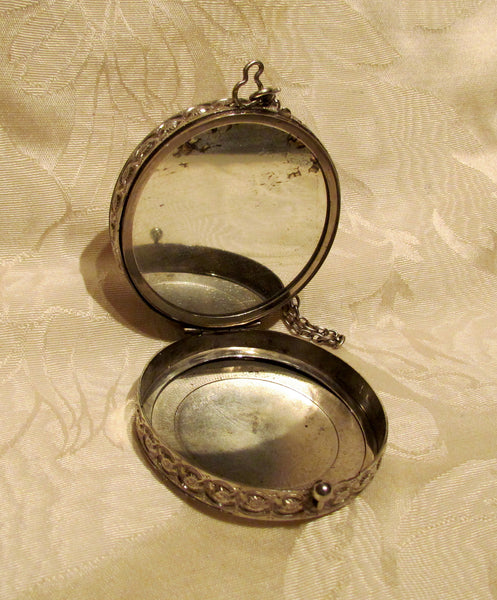 Silver Victorian Compact Purse Guilloche Wristlet Makeup Compact Dance Purse