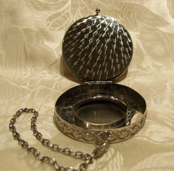 Silver Victorian Compact Purse Guilloche Wristlet Makeup Compact Dance Purse