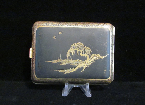 Asian Cigarette Case Business Card Case 1930's Matt Black 24kt Gold Etched Mt Fuji