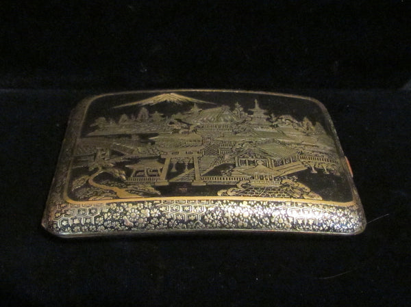Asian Cigarette Case Business Card Case 1930's Matt Black 24kt Gold Etched Mt Fuji