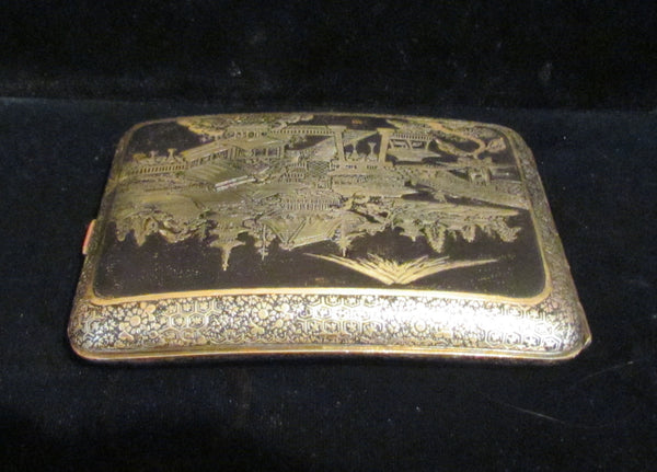 Asian Cigarette Case Business Card Case 1930's Matt Black 24kt Gold Etched Mt Fuji