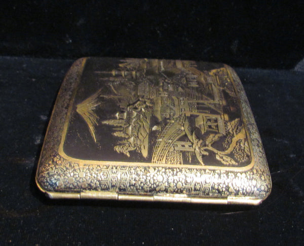 Asian Cigarette Case Business Card Case 1930's Matt Black 24kt Gold Etched Mt Fuji