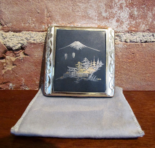 24K Gold Etched Asian Vintage Powder Compact Mt Fuji